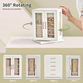 HAOYYE 360° Rotating Jewelry Box with 5 Spacious Drawers, Elegant White Cabinet and Soft Pink Velvet Lining, Multi-Functional Jewelry Organizer for Rings, Necklaces, Earrings, and Accessories